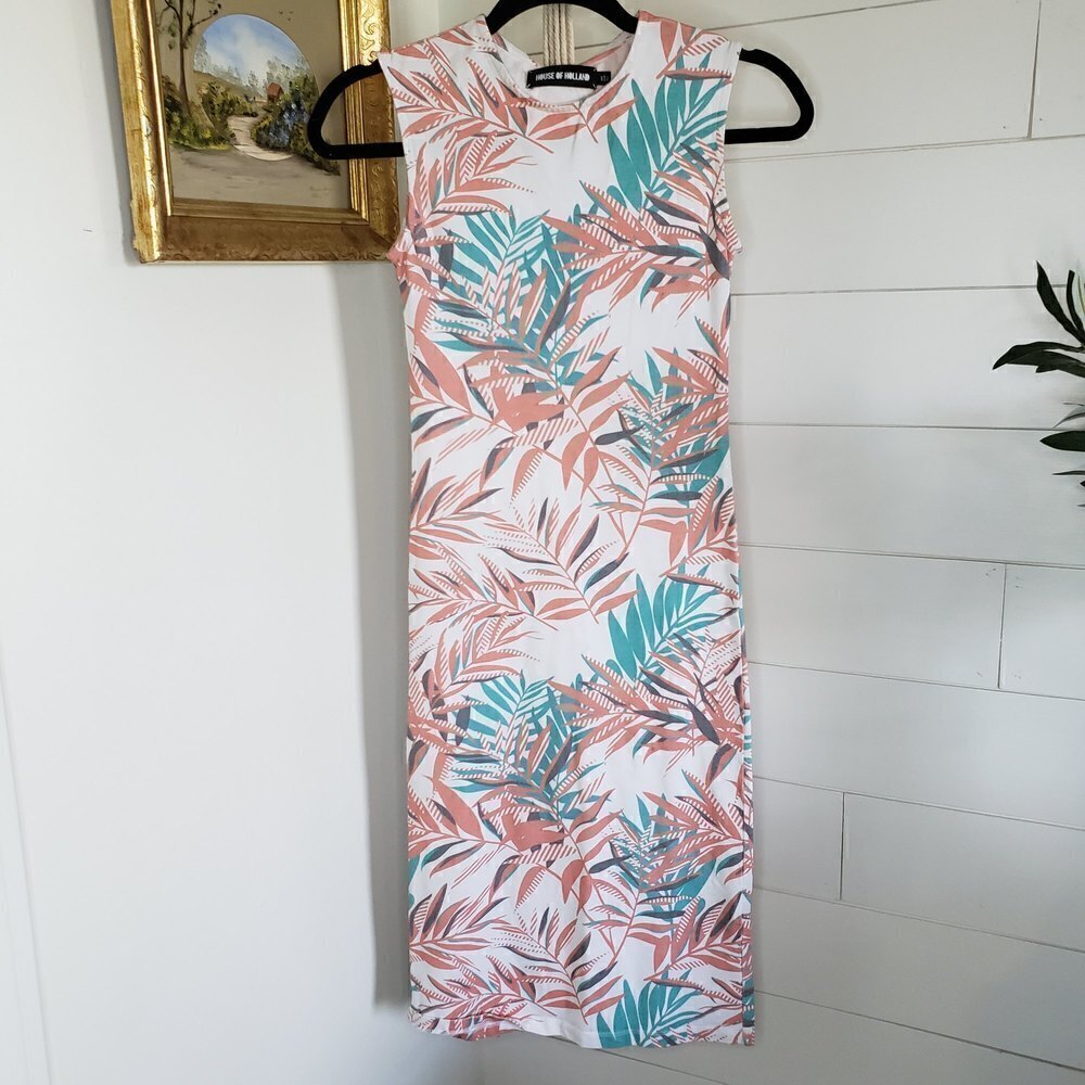 House of Holland White Sleeveless Tropical Leaf Print Cotton Dress Size 2